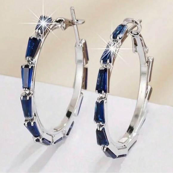 Blue Stone Hoop Earrings | Silver Tone | Copper Alloy | Elegant Statement Hoops
